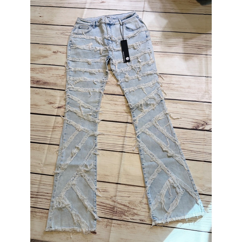 Rockstar Original Rhonda Light Wash Stacked Flare Jeans Distressed Patchwork XL‎